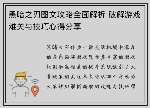 黑暗之刃图文攻略全面解析 破解游戏难关与技巧心得分享