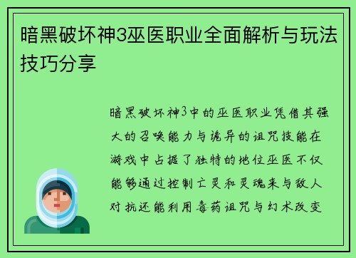 暗黑破坏神3巫医职业全面解析与玩法技巧分享 