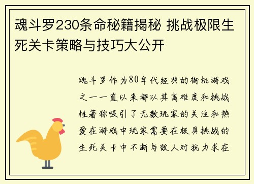 魂斗罗230条命秘籍揭秘 挑战极限生死关卡策略与技巧大公开